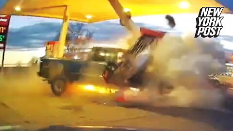 Truck crashes through gas station pump like a speeding bullet