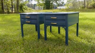 Painting A set of Nightstands with Farrow and Ball Hague Blue in Gloss