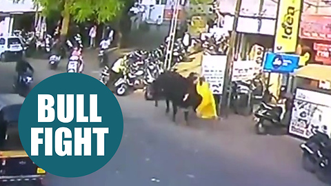 Bizarre moment a woman was out shopping on a busy street when she was charged by a BULL