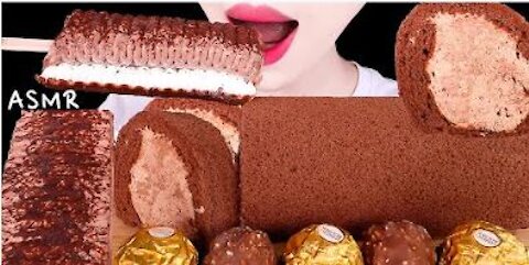 ASMR BLESS ROLL CHOCOLATE ROLL CAKE, ICE CREAM, FERRERO ROCHER EATING SOUNDS MUKBANG