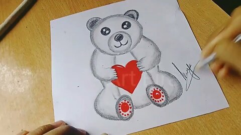 how to draw a teddy bear holding a heart