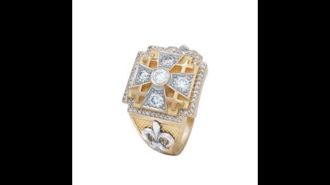 14K Gold Square Christian Men's Signet Ring Jerusalem Cross and Fleurs de lis with 65 Diamonds