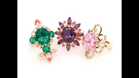 Custom Rose Gold Rings with Chatham Lab-Grown Emeralds, Alexandrites and Champagne Sapphires