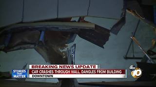 Car crashes through wall, dangles from building