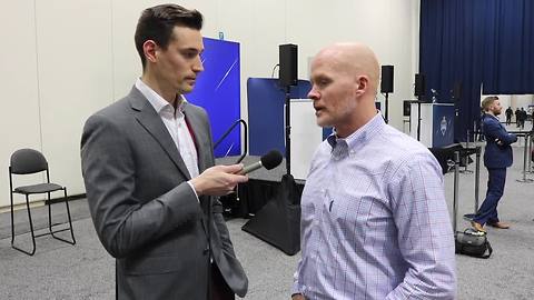 Bills HC Sean McDermott with 7ABC's Joe Buscaglia at the 2018 NFL Combine