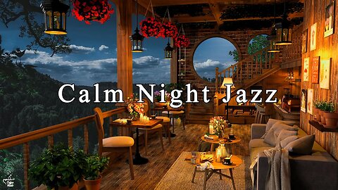 Calm Night in Cozy Coffee Shop Ambience ☕ Instrumental Jazz Music & Soft Crickets Sounds to Relaxing