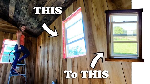 Finishing Out the Cabin Windows with Trim - Off-grid Cabin Build - DIY Shed to Office #22