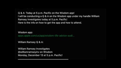 William Ramsey Q & A on Wisdom today at 5 p.m. Pacific!