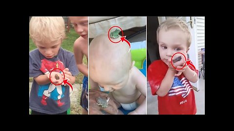 Cute baby first time meeting with frog clips