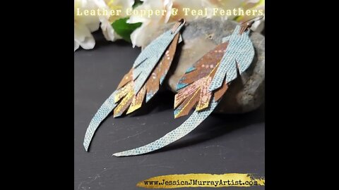Copper & Teal 4 inch drop leather feather earrings