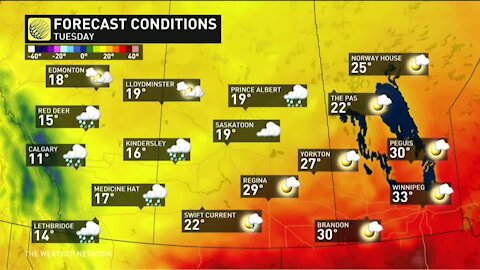 Temperature divide across the Prairies sets the stage for severe storms and even snow