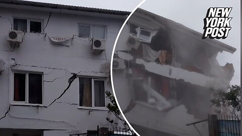 Building crumples like paper amid extreme weather in Sochi, Russia