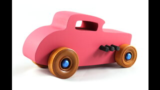 Wood Toy Car, Hot Rod '32 Deuce Coupe, Handmade, Pink, Black, Metallic Sapphire Blue, and Amber