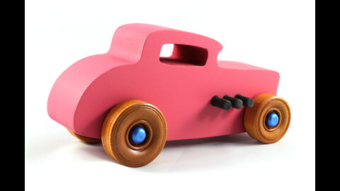 Wood Toy Car, Hot Rod '32 Deuce Coupe, Handmade, Pink, Black, Metallic Sapphire Blue, and Amber
