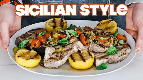 Grilled Swordfish Recipe Sicilian Style + Pan Roasted Tomato-Olive Topping