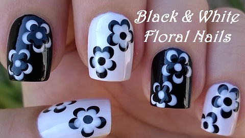 Monochrome Flower Nail Art In Black & White