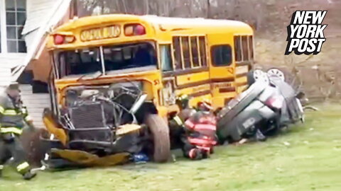 Major Crash Involving School Bus Into House, With Car Under Bus