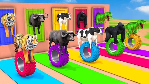 Cow Mammoth Elephant Tiger Gorilla Guess The Right Door ESCAPE ROOM CHALLENGE Animals Tire Game