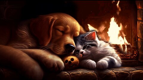 ASMR Crackling Fireplace with Sleeping Dog & Cat | Cozy Ambience for Instant Sleep & Stress Relief