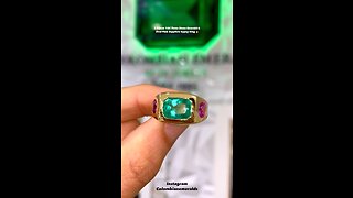 5.52tcw 18K Three Stone rectangle Vivid Green Emerald & Oval Pink Sapphire Gypsy Ring