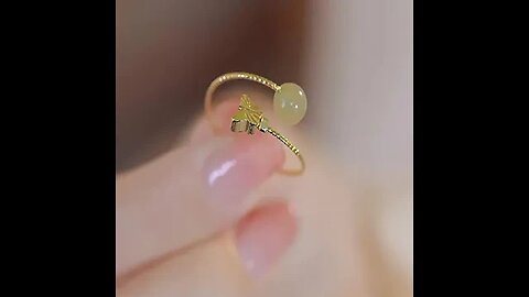 BUDDHA STONES 14K GOLD PLATED ROUND JADE PEARL BUTTERFLY LUCK ADJUSTABLE RING