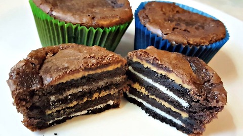 Brownies stuffed with Oreos and peanut butter
