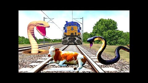 Two giant anaconda trying to eat the cow vs train.