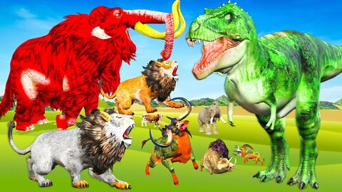 Giant Lions vs Giant Dinosaur Fight Cow Cartoon Rescue Saved Woolly Mammoth Choose Bottle side game