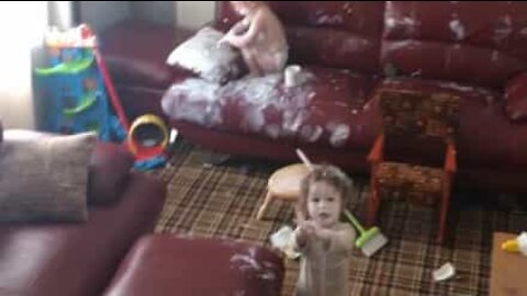 Tots spread cream all over themselves and the house