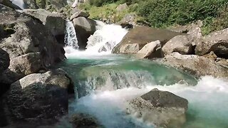 Waterfall flowing over rocks in forest. Relaxing flowing water, White Noise for Sleep, Meditation