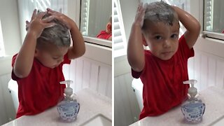 Kid decides to shampoo his hair with hand soap