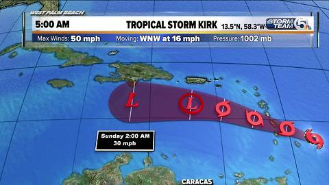 Thursday morning tropical update: Tropical Storm Kirk's winds at 50 mph