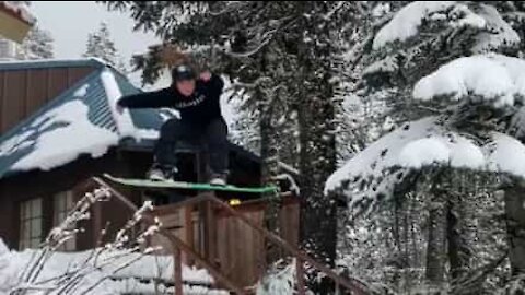 Talented snowboarder owns handrails at first attempt