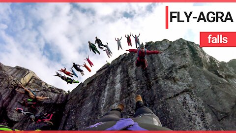 The mesmerising moment that a troop of BASE jumpers’ leap from a cliff