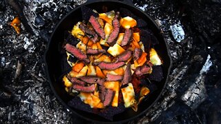 Steak Nachos with Foraged Onions. Campfire Cooking Wild edibles. Bushcraft recipe #shorts