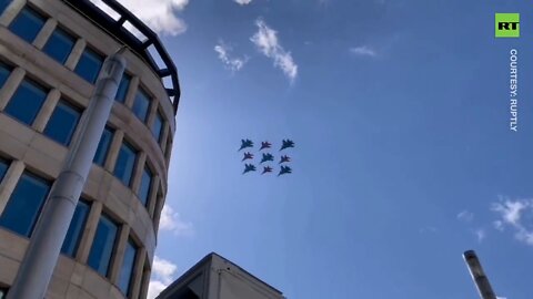 Russian Knights and Swifts aerobatic teams take part in the air show rehearsal for the Victory Day parade in Moscow