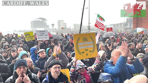 Welsh National Anthem. Farmers protest outside Senedd, Cardiff Bay, South Wales