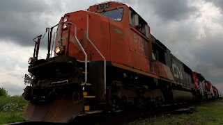 CN 5724, CN 8892 & CN 3857 Engines Manifest Train Westbound At Mandaumin Crossing TRACK SIDE