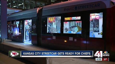 KC Streetcar freshly wrapped in red for Red Friday