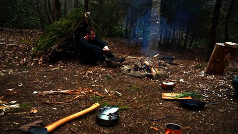 Solo Bushcraft: Building a survival shelter camp, foraging and cooking wild edibles, spoon carving