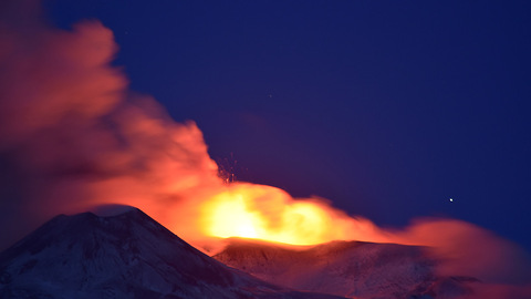 Beautiful nighttime footage of Mount Etna volcanic eruption