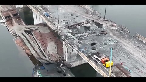 Drone view of the aftermath of Russia demolition of the Antonovsky Bridge after Kherson withdrawal
