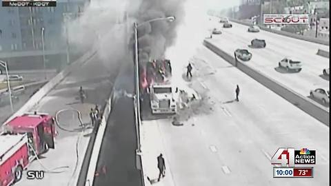 Semi hauling hay catches fire downtown KCMO