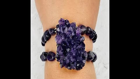 AMETHYST CLUSTER WITH DOUBLE BAND BRACELET - ELECTROPLATED GOLD