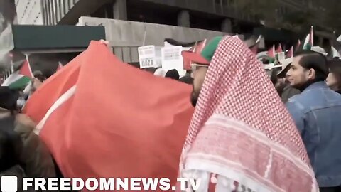 Hamas Supporters Display Former Soviet Union and CCPCHINA Flags in Front of the UN Headquarters