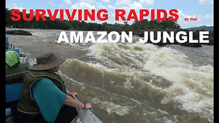 Amazon jungle: A thrilling rapids crossing voyage to a nice river beach for picnicking.