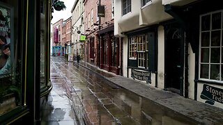 Rain on the cobblestones of Little Stonegate road in York, UK