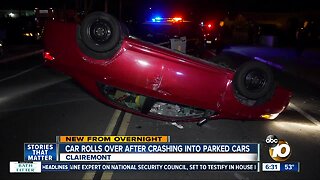 Car crashes into parked vehicles, rolls over on Clairemont street