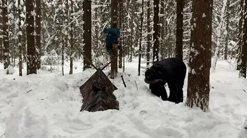 SOLO # Two Days WINTER BUSHCRAFT Camp Shelter in Snowfall Lavvu Poncho Spoon Carving