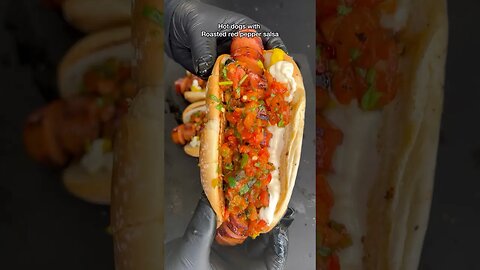 Hotdogs with roasted red pepper salsa